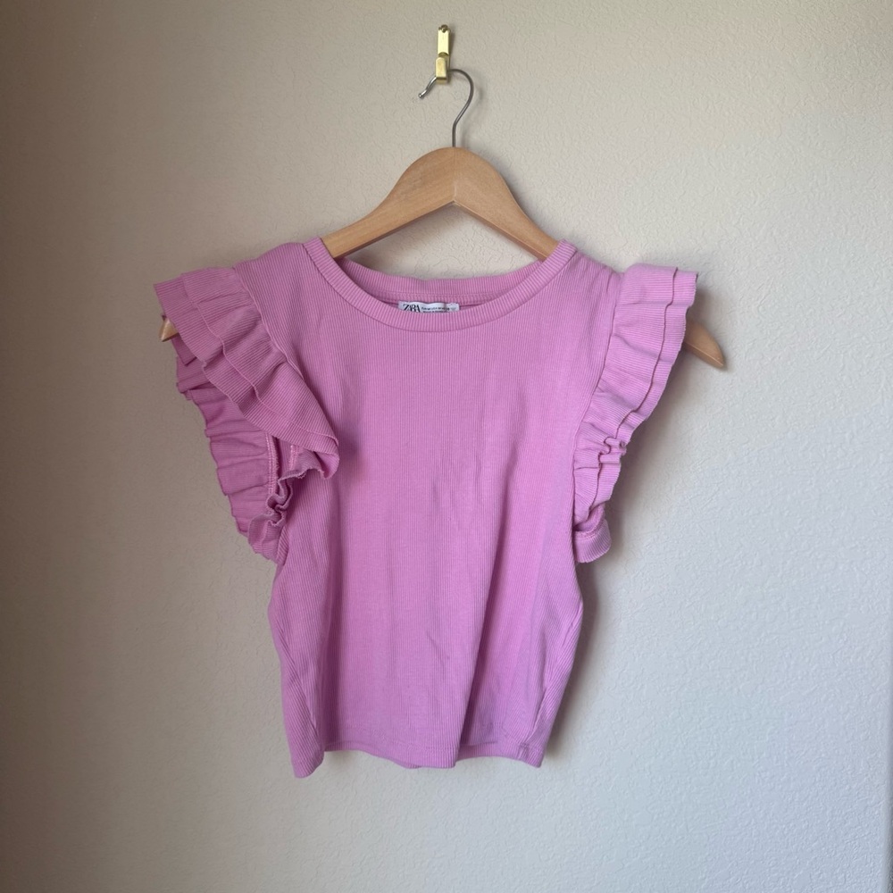 Zara Pink Ribbed Ruffle Sleeve Crop Top | Size M